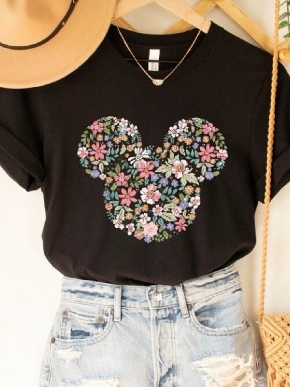 Bella Canvas Floral Mickey Mouse Graphic Tee Black Medium Disney Style